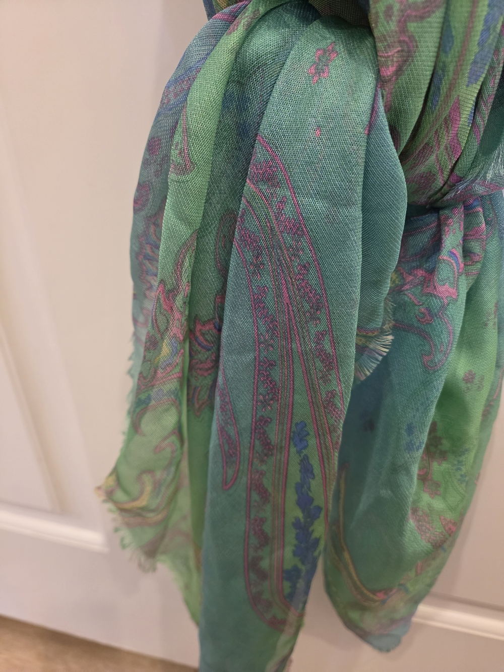 Ralph Lauren Green Paisley Scarf with Pink and Blue Accents GORGEOUS